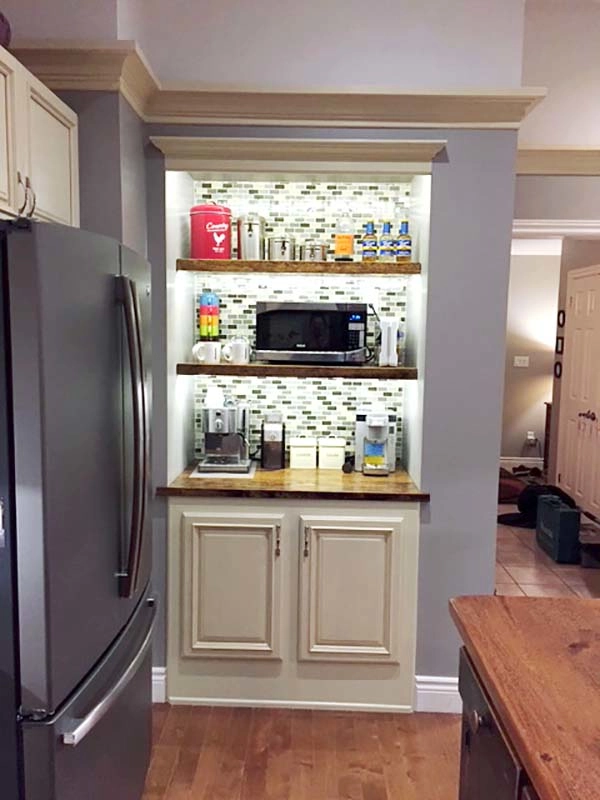 Custom Built-In Coffee Bar with LED Lighting & Mosaic Backsplash in a Cozy Houston Country Kitchen