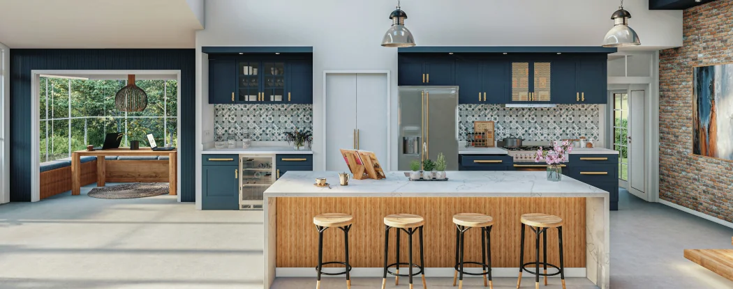 Modern open-concept living and kitchen space with luxury finishes and smart lighting